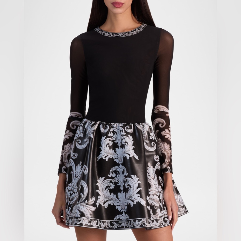 Alice + Olivia Black and White Baroque Print Long-Sleeve Skater Dress